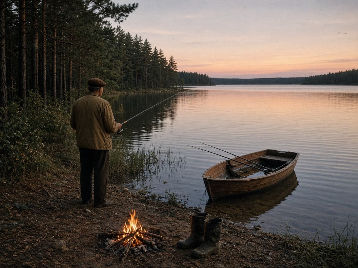 Łódka, wędka i ognisko nad jeziorem