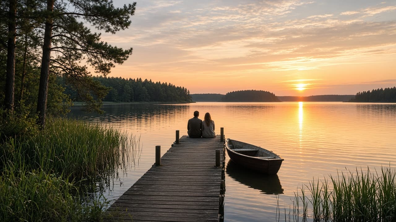 Zachód słońca na pomoście nad mazurskim jeziorem